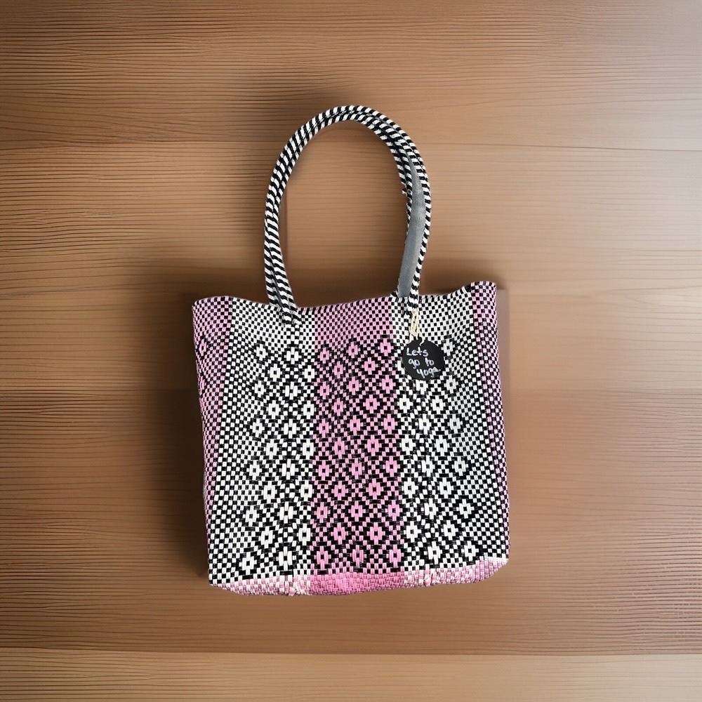 Woven Tote/Market Bag Beach Multi Color Basket Medium. Pink, White, Black